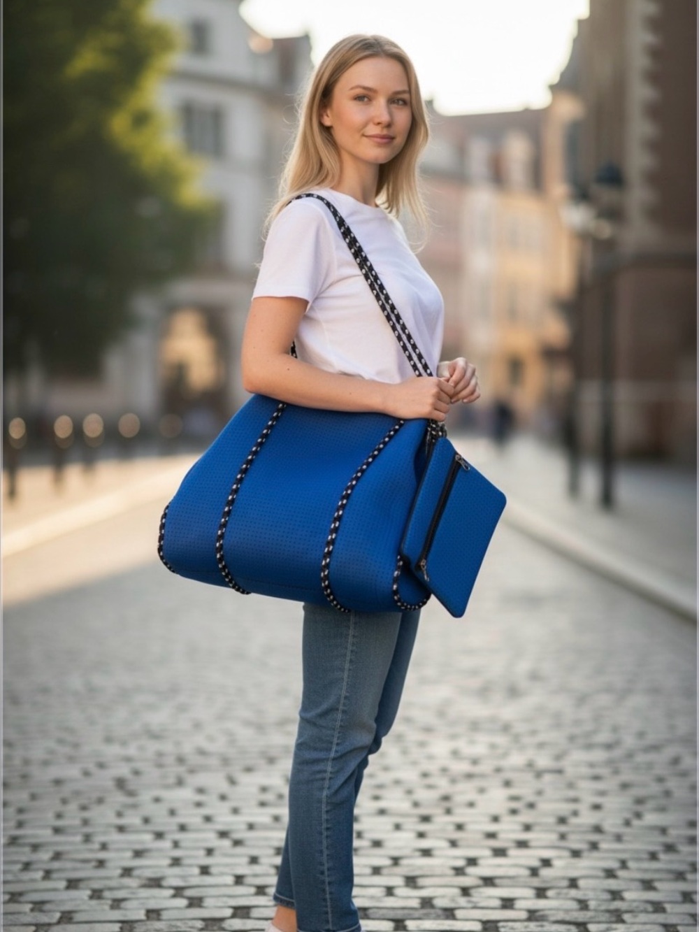 Royal Blue Neoprene Tote Bag with Black Rope Handles